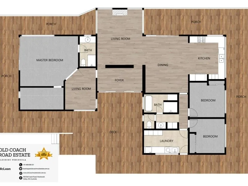 Floor Plan showing 3 king bedrooms, 2 living rooms, 2.5 bathrooms, large laundry, and surrounding decking.